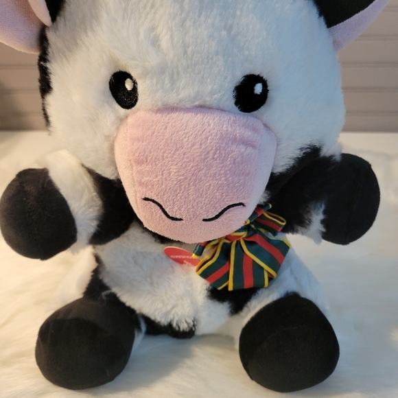 Plush Cow Toy with Bow - Black and White - Picture 2 of 9